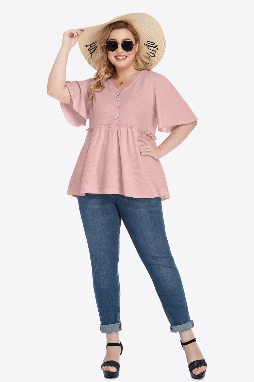 Plus Size Buttoned V-Neck Frill Trim Babydoll Blouse 