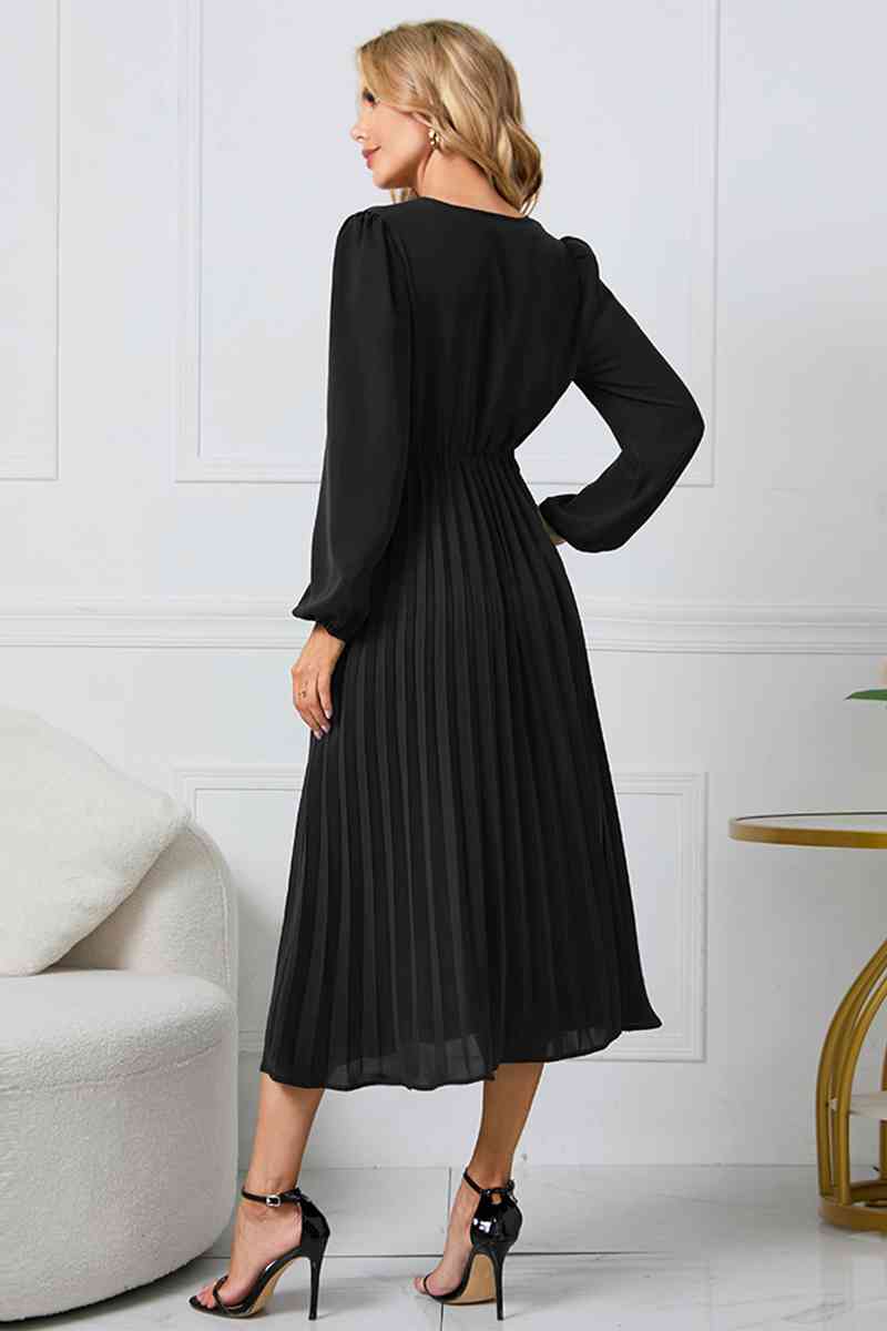 V-Neck Long Sleeve Tie Waist Midi Dress Dresses