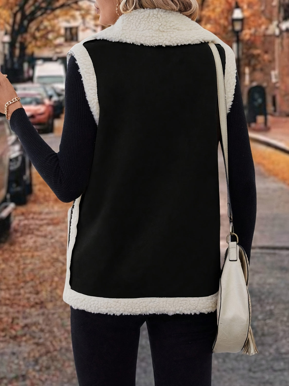 Full Size Contrast Open Front Sherpa Vest Coat 