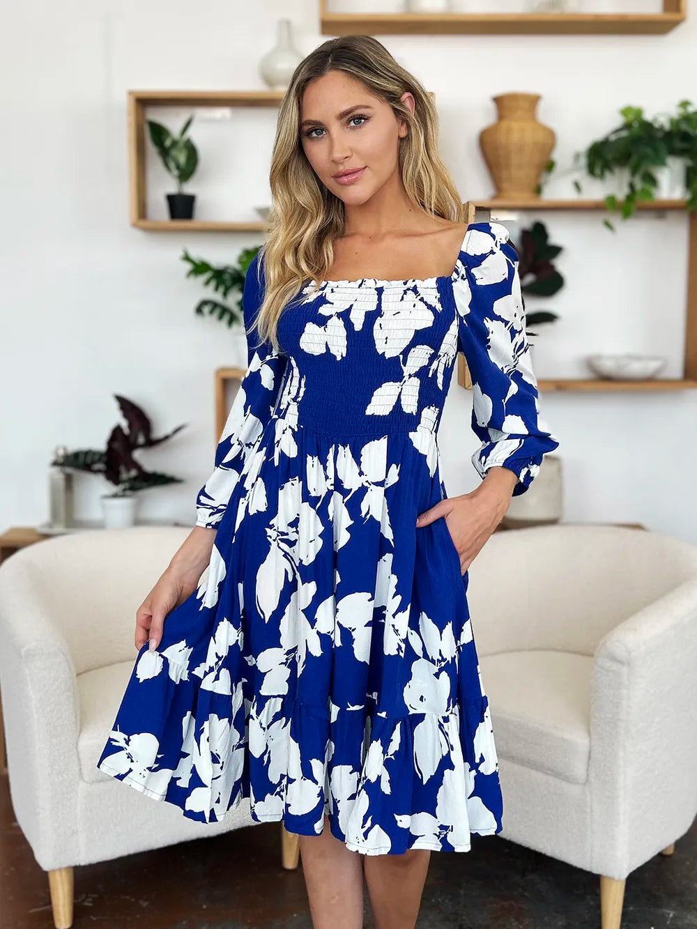 Double Take Full Size Floral Ruffle Hem Smocked Dress with Pockets 