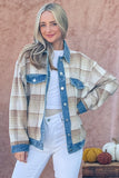 And The Why Full Size Washed Denim Detail Brushed Plaid Jacket 