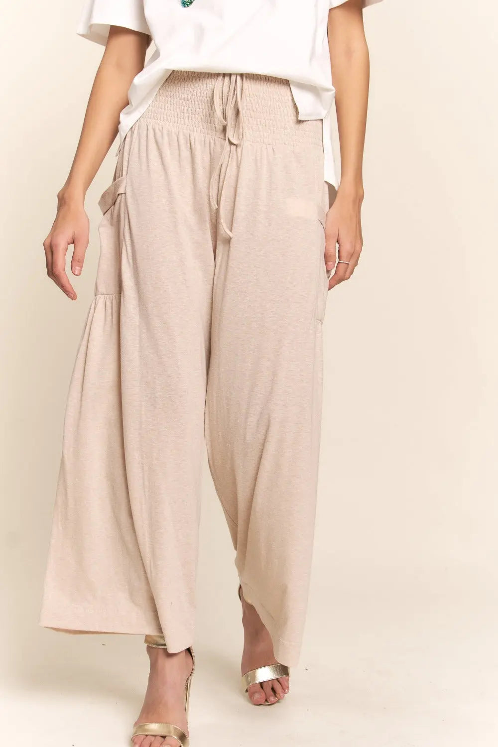 J.NNA Smocked Waist Boho Wide Leg Pants with Pockets 