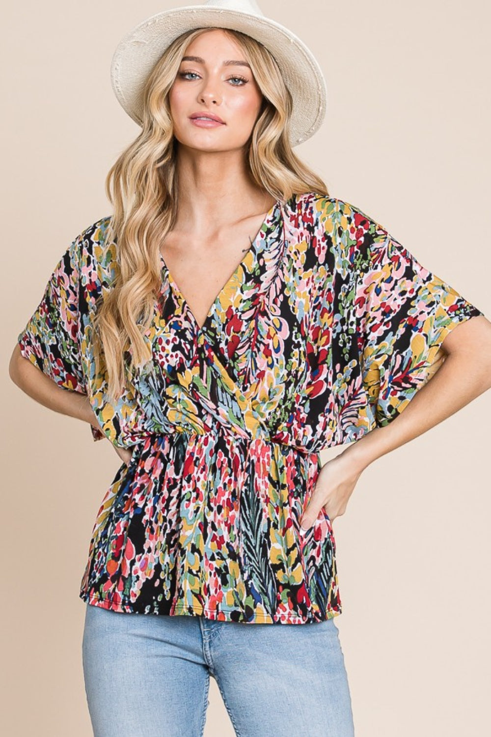 BOMBOM Printed Surplice Peplum Blouse 