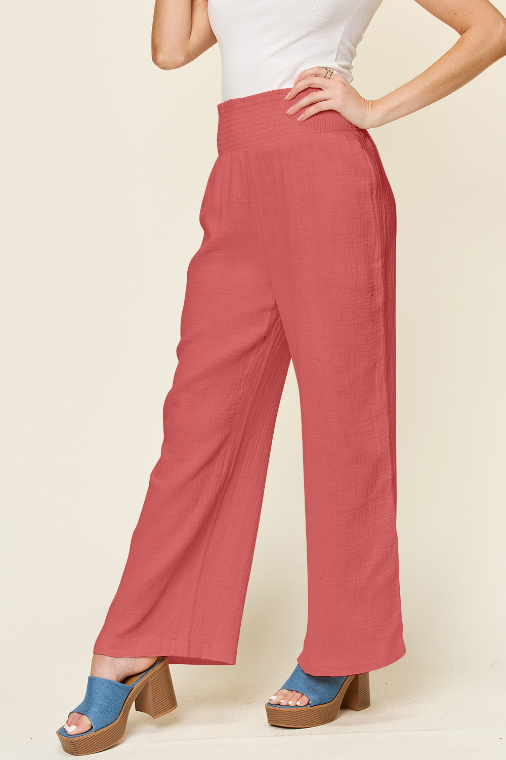 Double Take Full Size Texture Smocked Waist Wide Leg Pants 