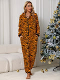 Animal Print  Zip Front Lounge Jumpsuit with Pockets Lingerie & Nightwear