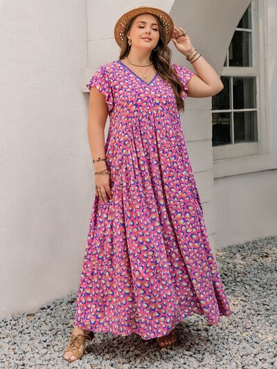 Plus Size Printed V-Neck Flutter Sleeve Tie Waist Maxi Dress Dresses