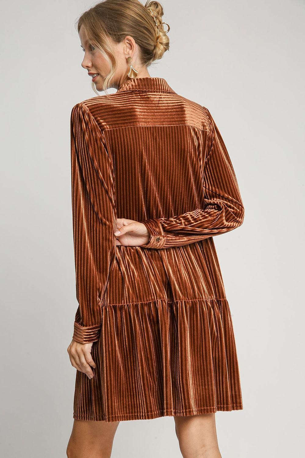 Umgee Texture Tiered Collared Long Sleeve Dress 