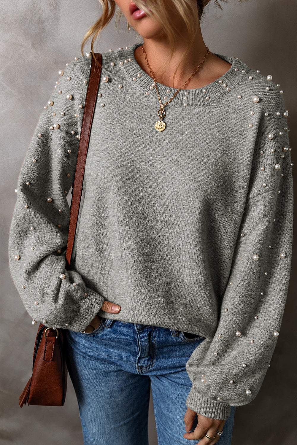 Smoke Gray Pearled Drop Shoulder Round Neck Sweater Sweaters & Cardigans/Sweaters