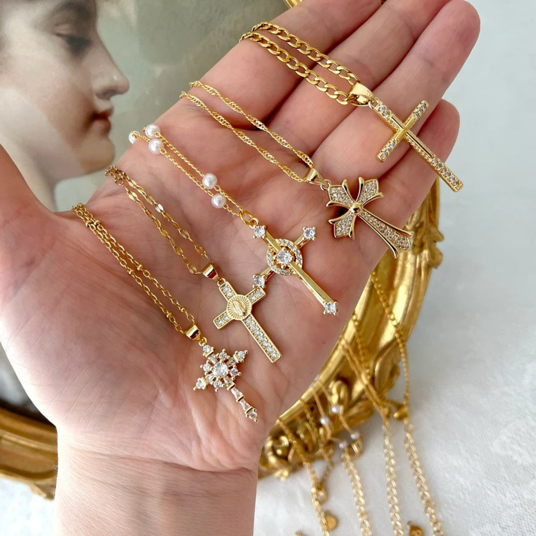 Stainless Steel Inlaid Zircon Cross Necklace 