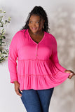 Double Take Half Button Long Sleeve Ruffle Hem Blouse 