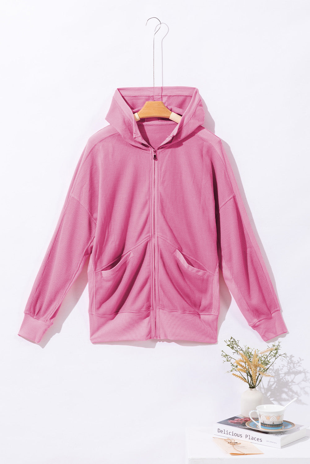 Waffle-Knit Pocketed Zip Up Hooded Jacket 