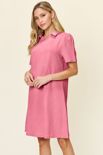 Double Take Full Size Texture Collared Neck Short Sleeve Dress 