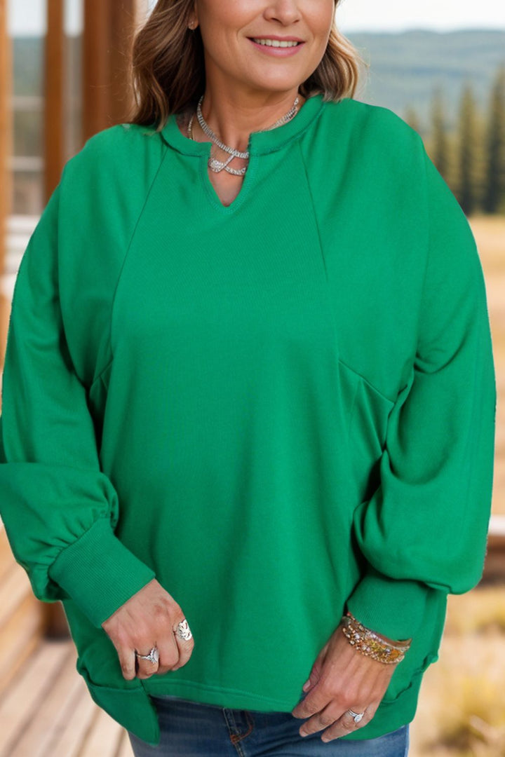 Plus Size Cutout Hem Notched Long Sleeve Sweatshirt 