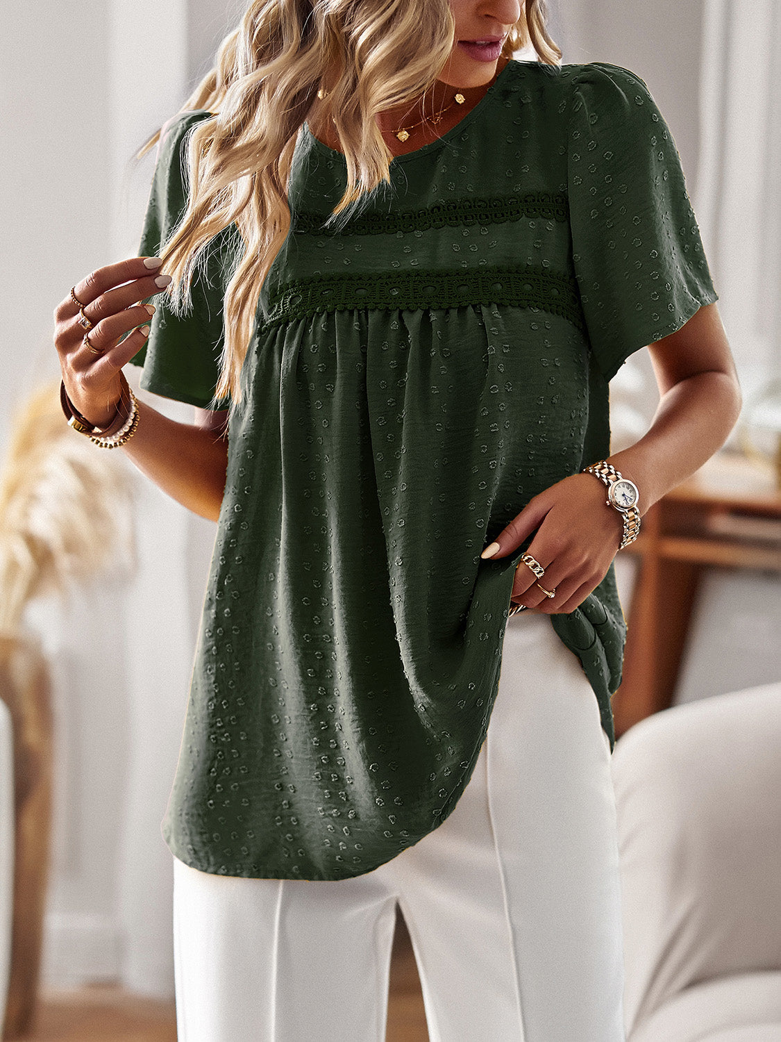 Devine Lace Detail Round Neck Short Sleeve Blouse 