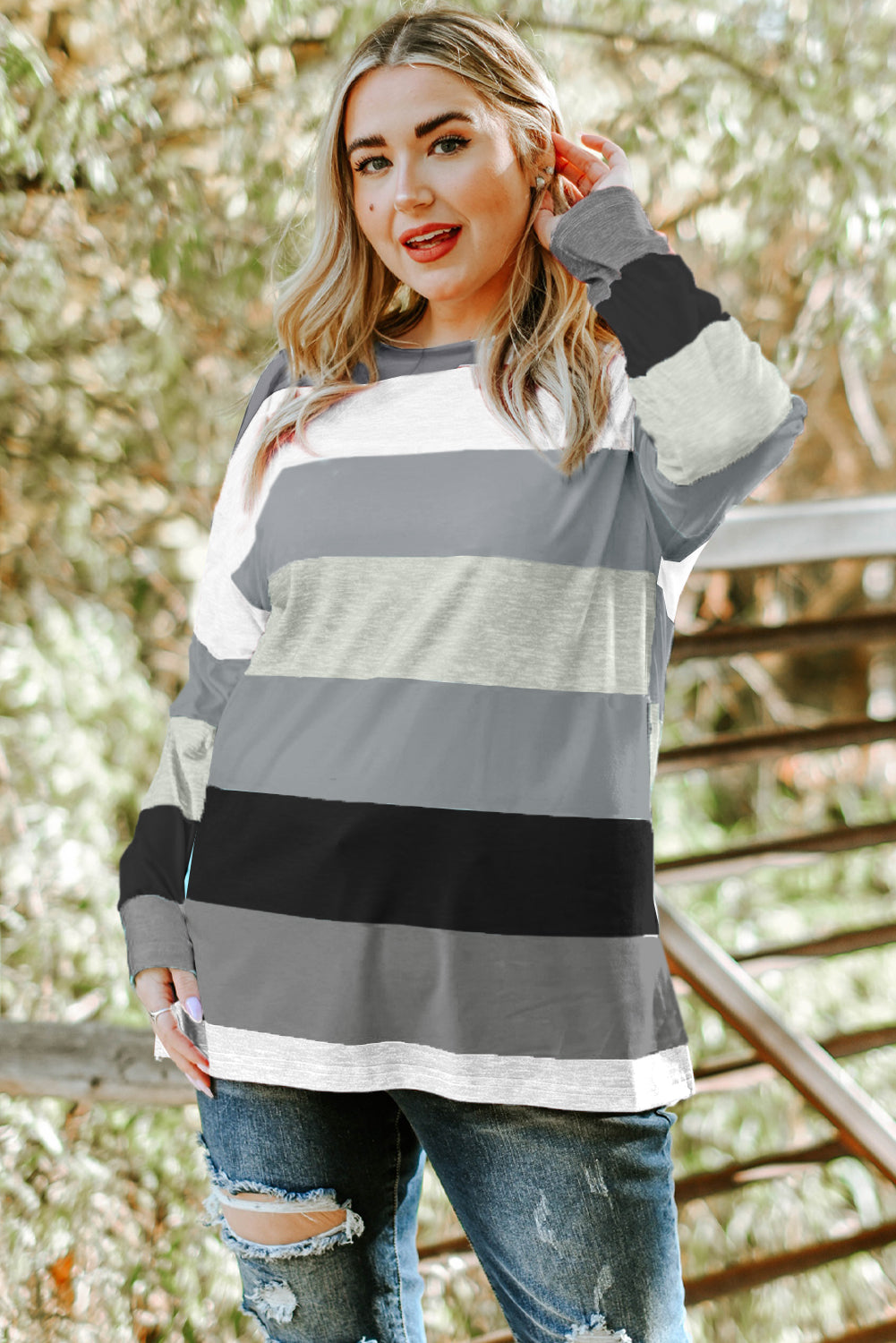 Plus Size Striped Slit Long Sleeve T-Shirt 