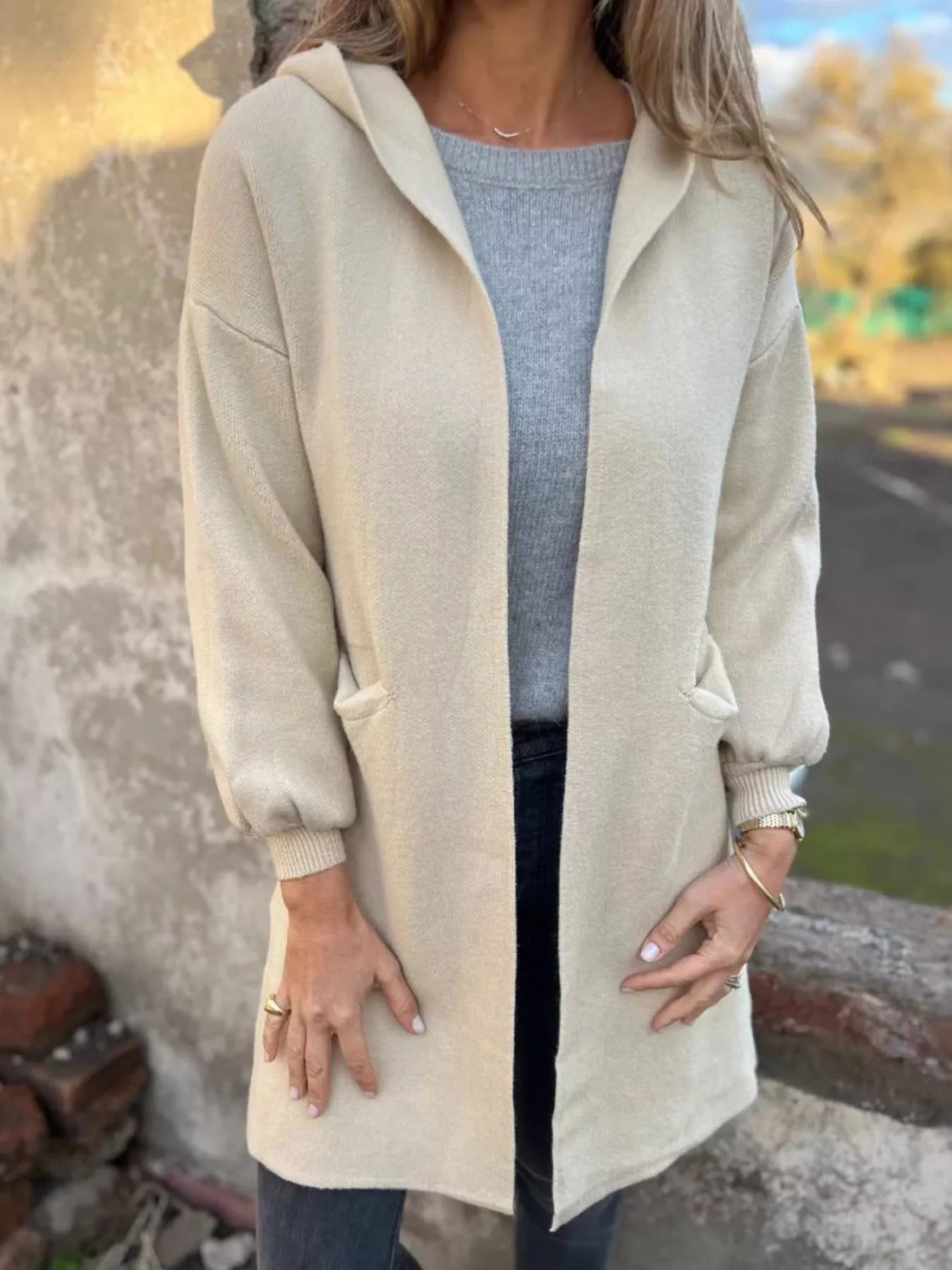 Full Size Open Front Drop Shoulder Hooded Cardigan Plus Size 