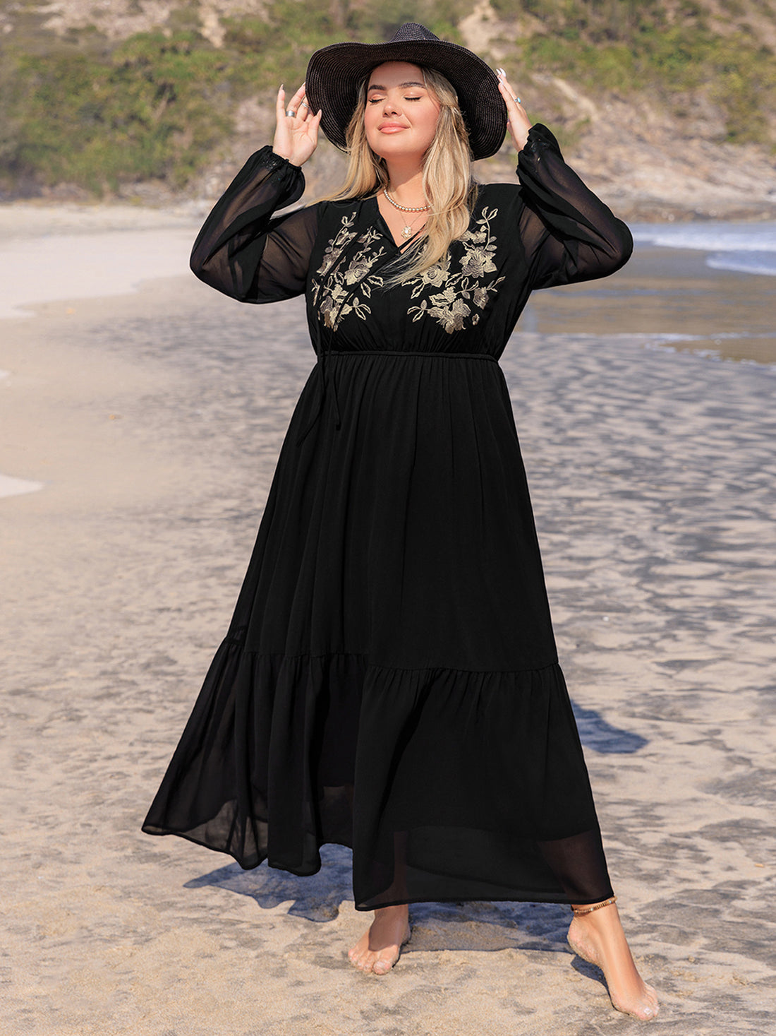 Plus Size Embroidered Tie Neck Long Sleeve Dress 