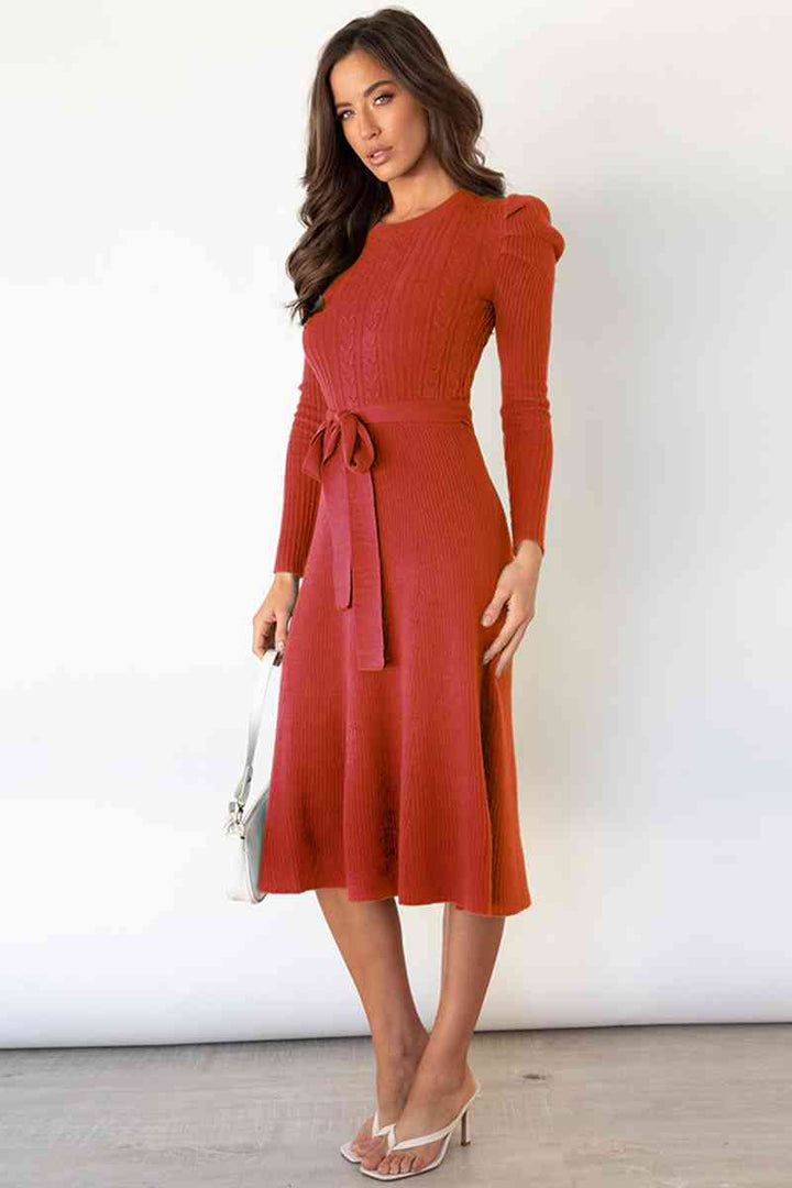 Round Neck Long Sleeve Tie Waist Sweater Dress Dresses