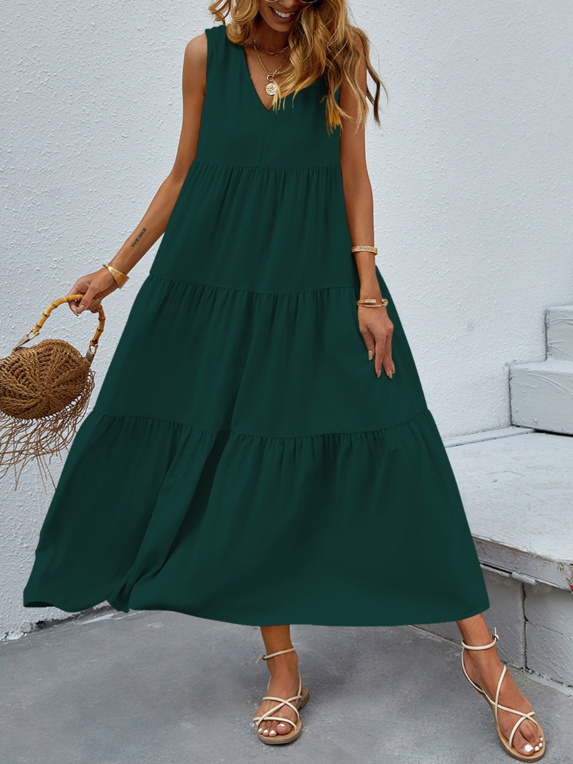 FAM-FAM Tiered V-Neck Sleeveless Dress 