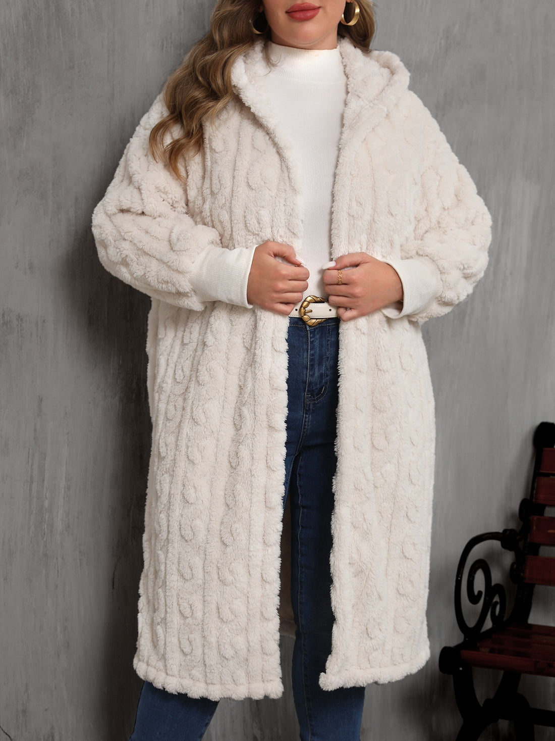 Plus Size Open Front Hooded Plush Coat 