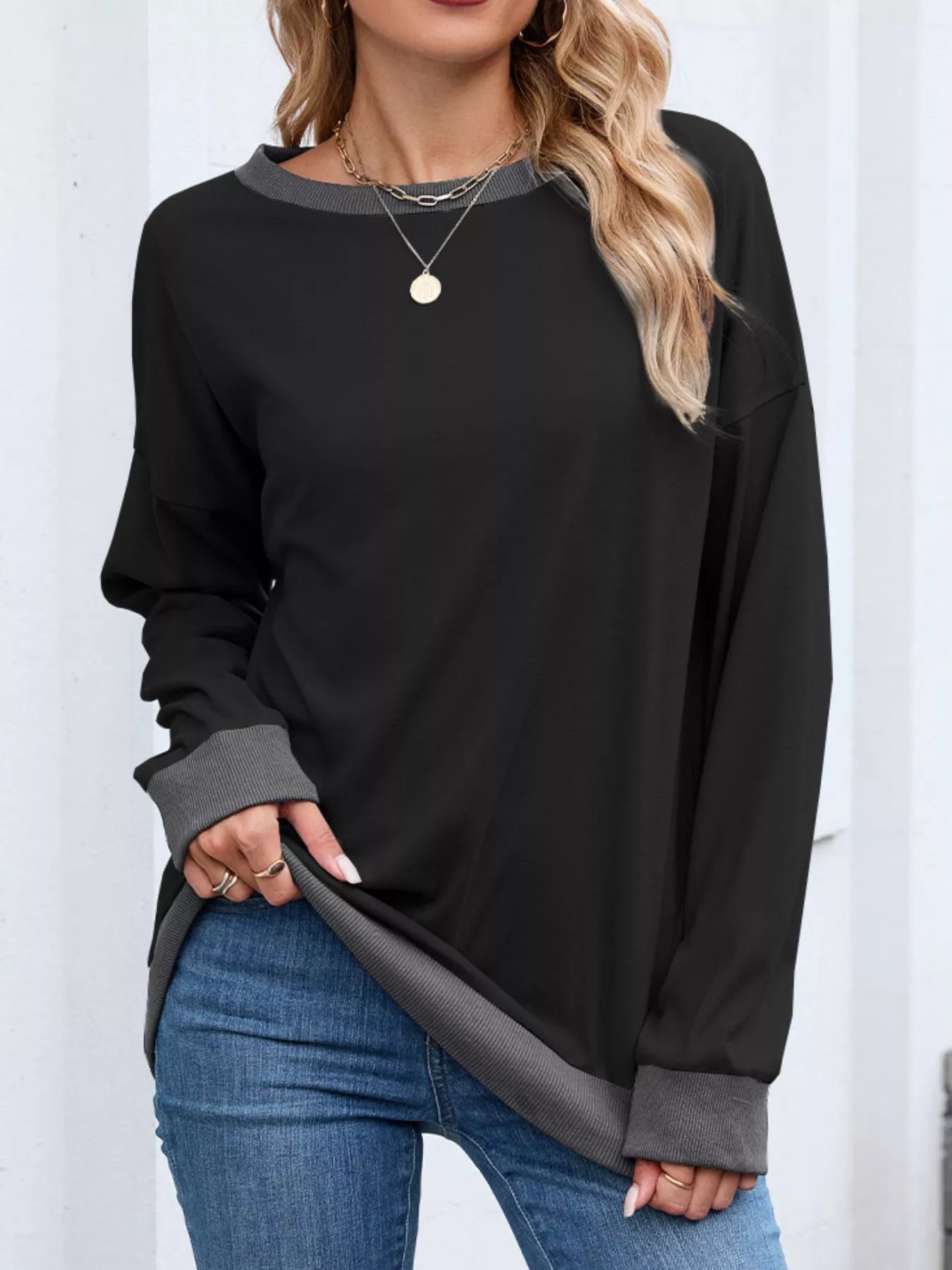 Contrast Trim Long Sleeve Sweatshirt 