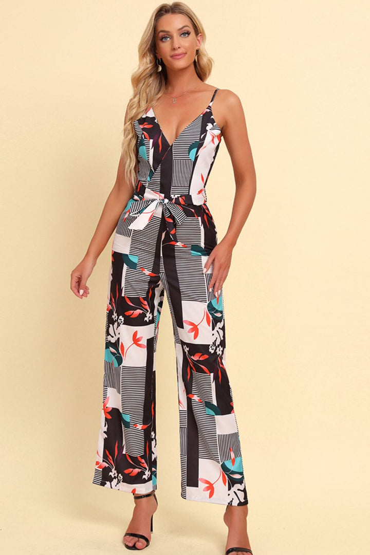 Printed Spaghetti Strap Tied Jumpsuit 