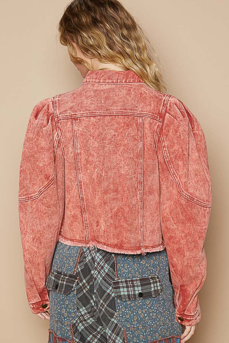 POL Raw Hem Button Up Cropped Denim Jacket 