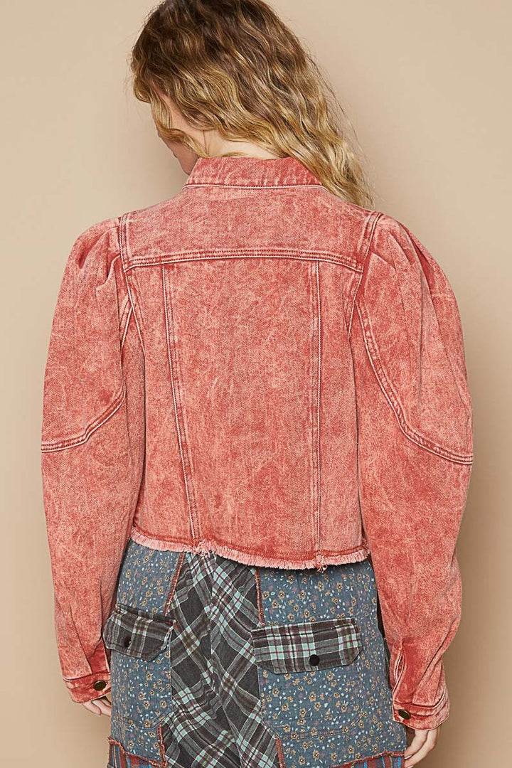 POL Raw Hem Button Up Cropped Denim Jacket 