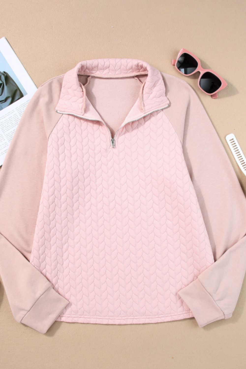 Textured Quarter Zip Long Sleeve Sweatshirt 