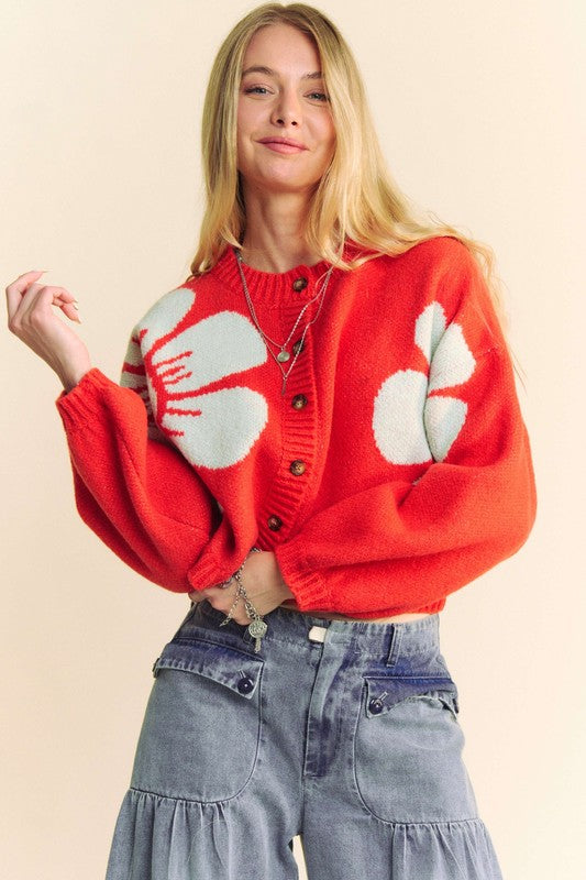 Davi & Dani Flower Contrast Round Neck Long Sleeve Cardigan 