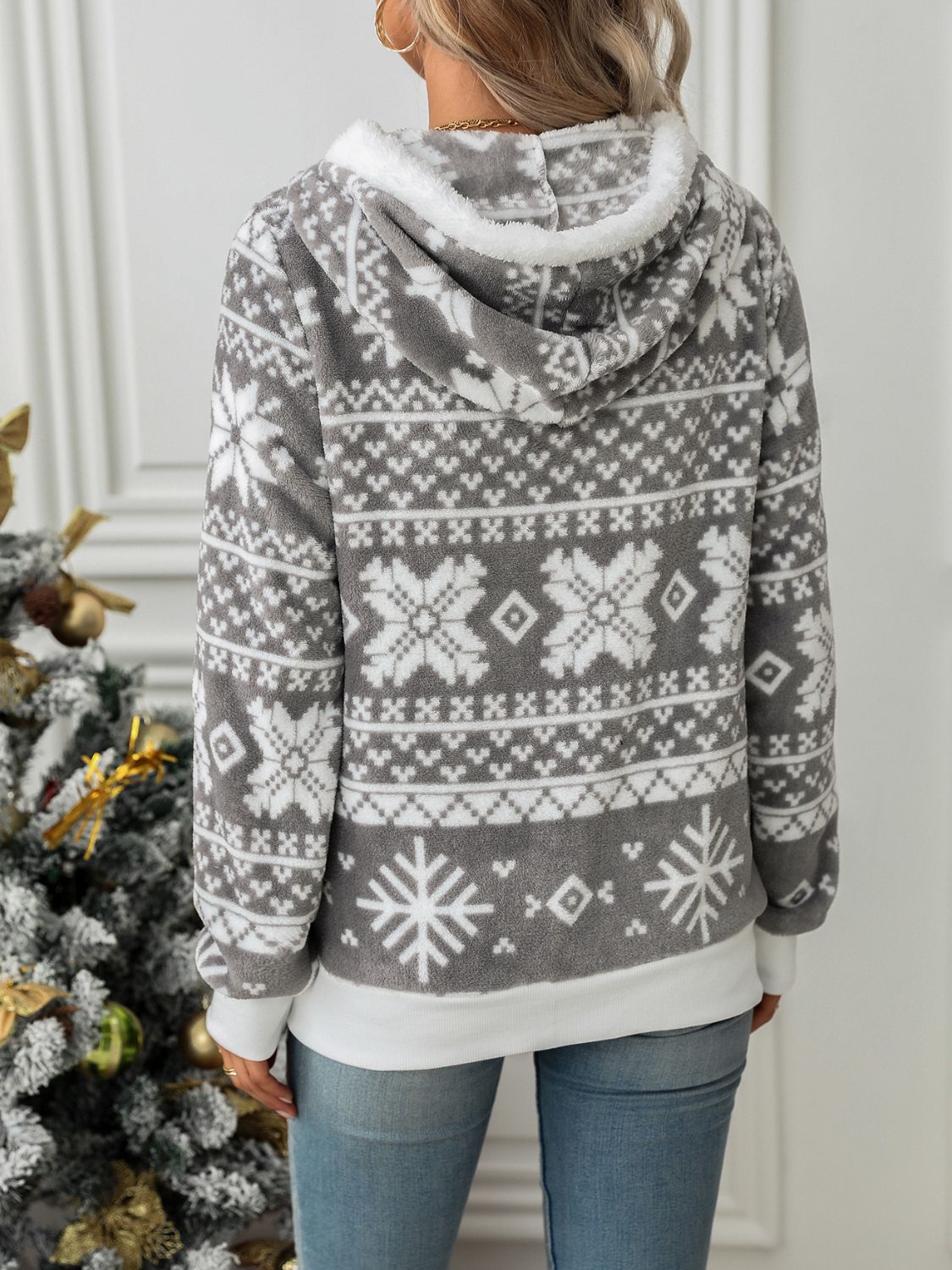 Drawstring Snowflake Zip Up Hooded Outerwear 
