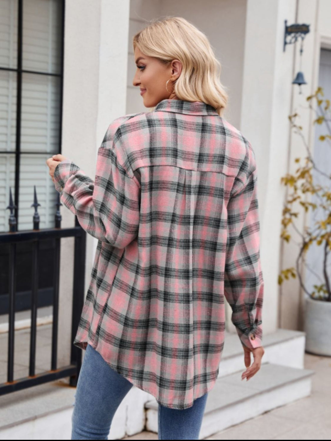 Mandy Pocketed Plaid Collared Neck Long Sleeve Shirt 