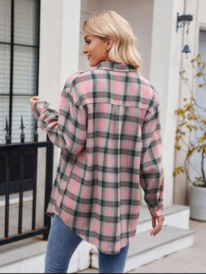 Mandy Pocketed Plaid Collared Neck Long Sleeve Shirt 