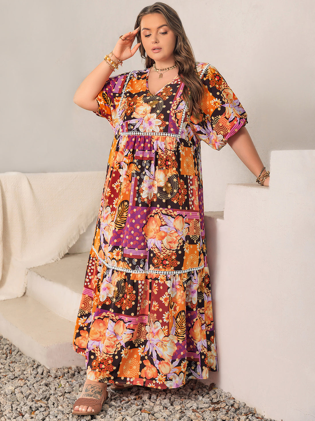 Plus Size Printed V-Neck Half Sleeve Maxi Dress 