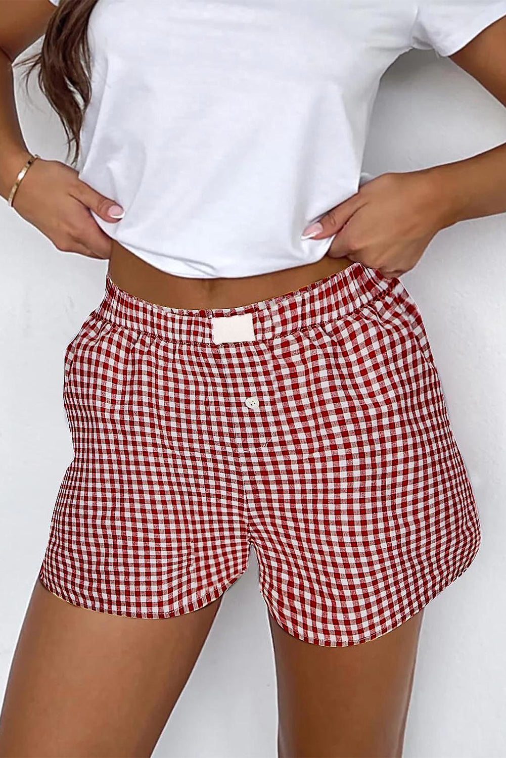 Red Plaid Gingham Printed High Waist Shorts Bottoms/Casual Shorts