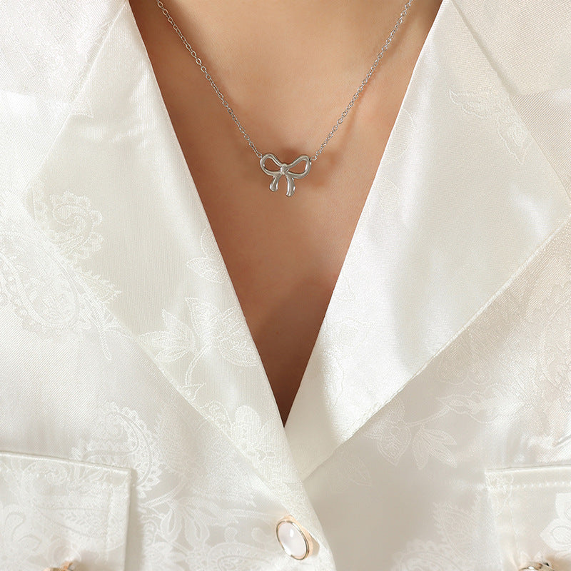 Titanium Steel Bow Pendant Necklace 