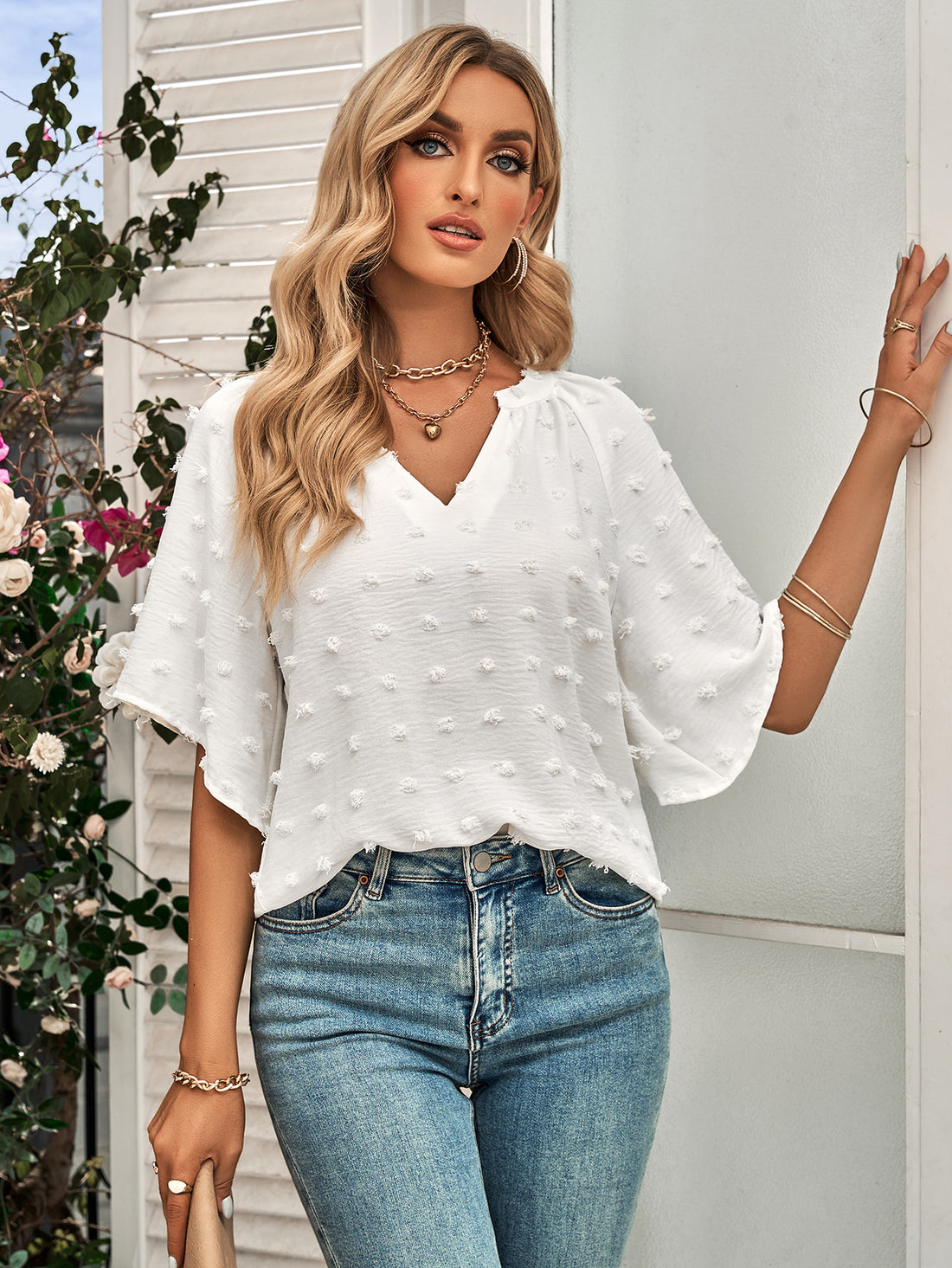 Swiss Dot Notched Neck Flare Sleeve Blouse 