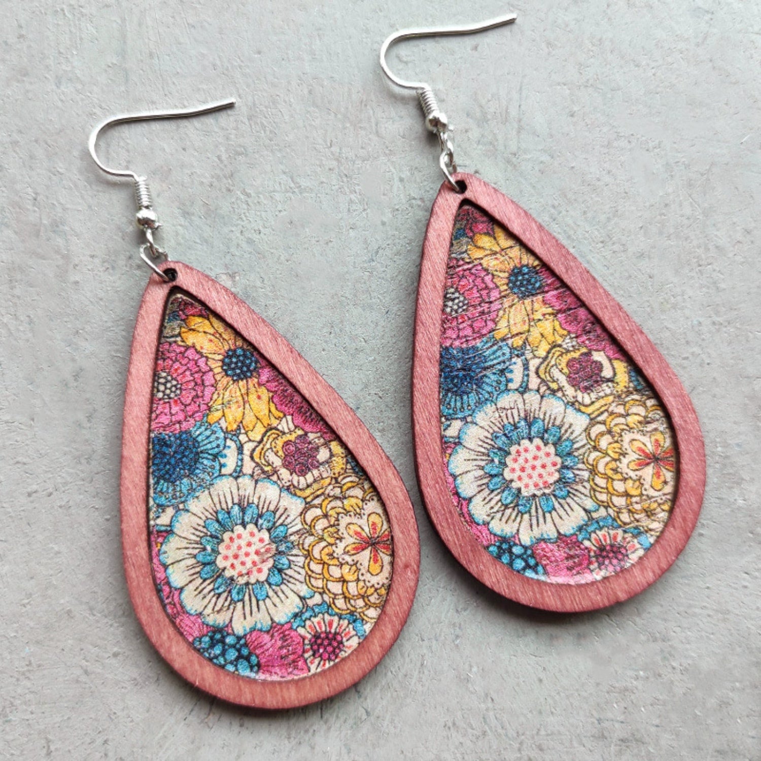 Floral Wood Teardrop Earrings 