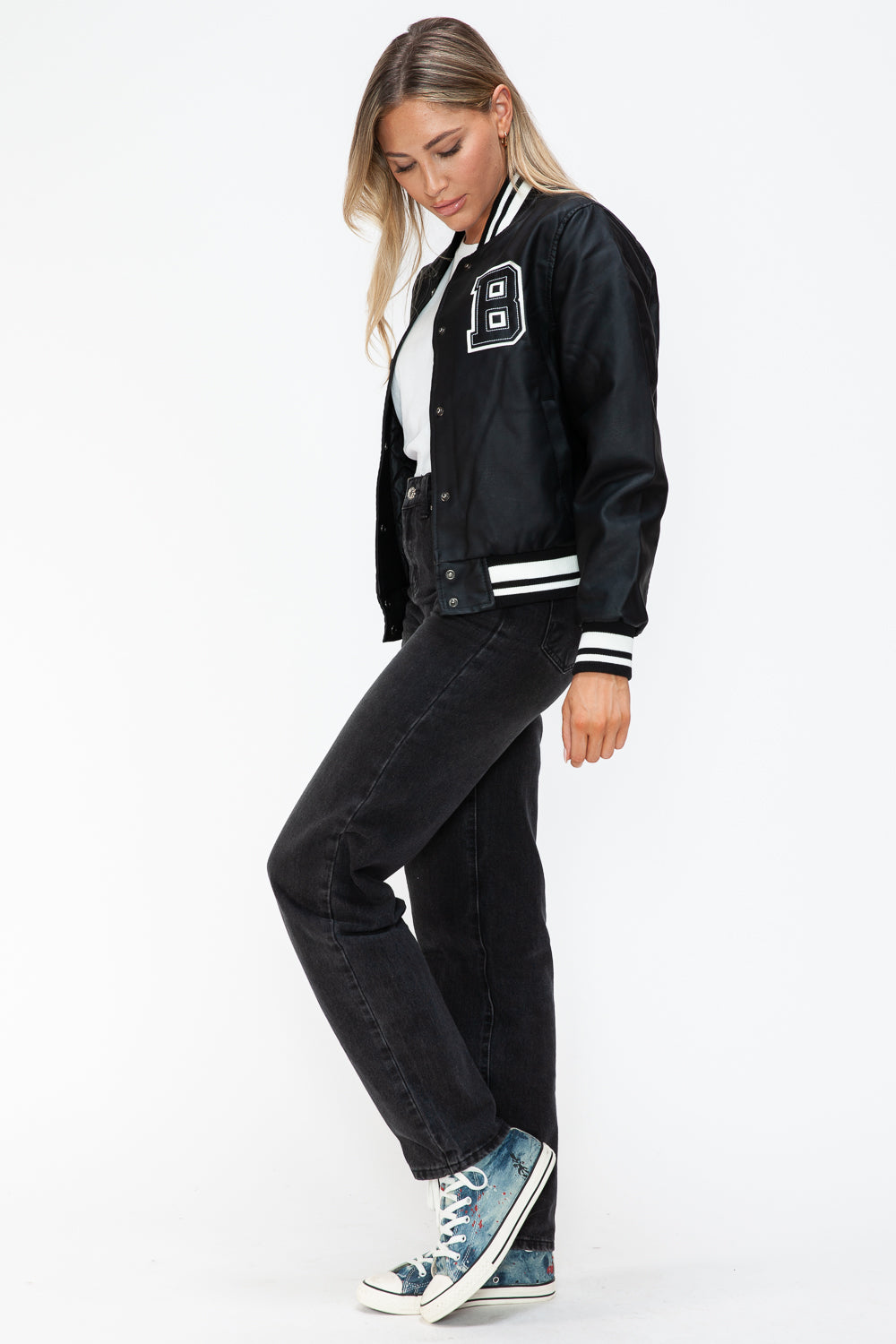 Love Me Now PU Leather Contrast Snap Down Bomber Jacket 