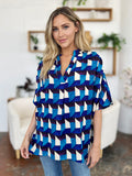Double Take Full Size Geometric Notched Half Sleeve Blouse 
