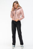 Snobbish Faux Leather Zip Up Drawstring Hooded Jacket 