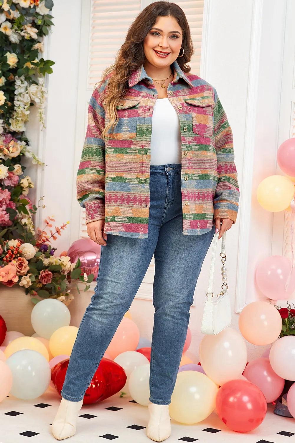 Plus Size Pocketed Printed Collared Neck Jacket 