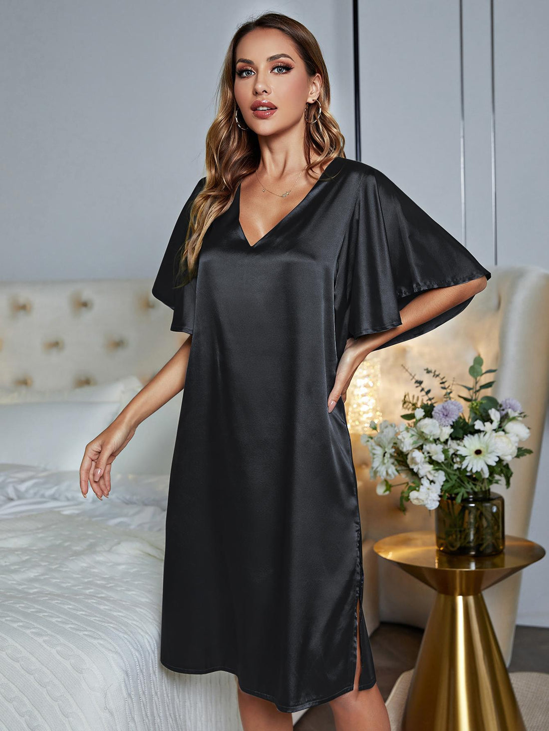 V-Neck Flutter Sleeve Night Dress Lingerie & Nightwear