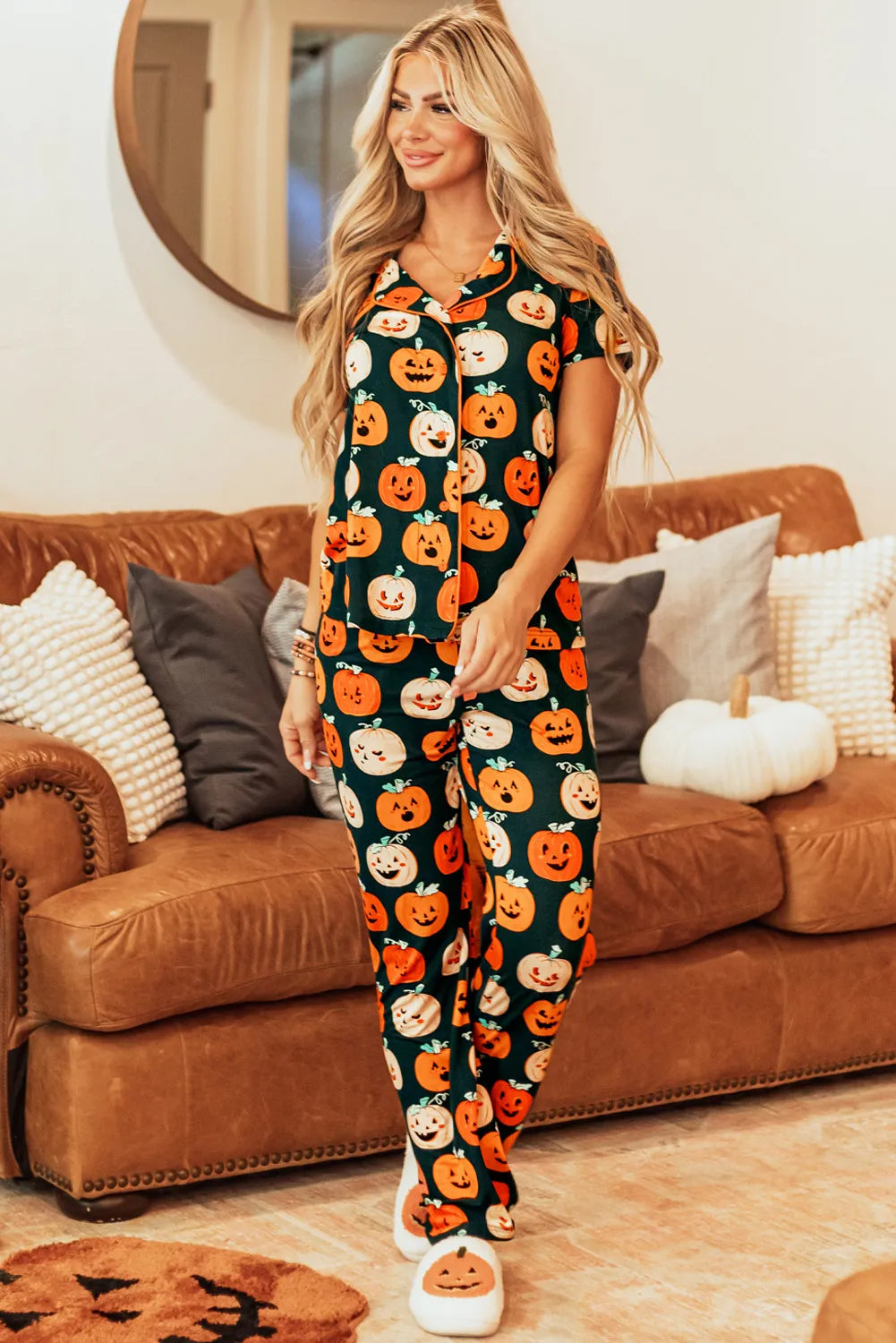 Pumpkin Printed Short Sleeve Top and Pants Lounge Set Lingerie & Nightwear