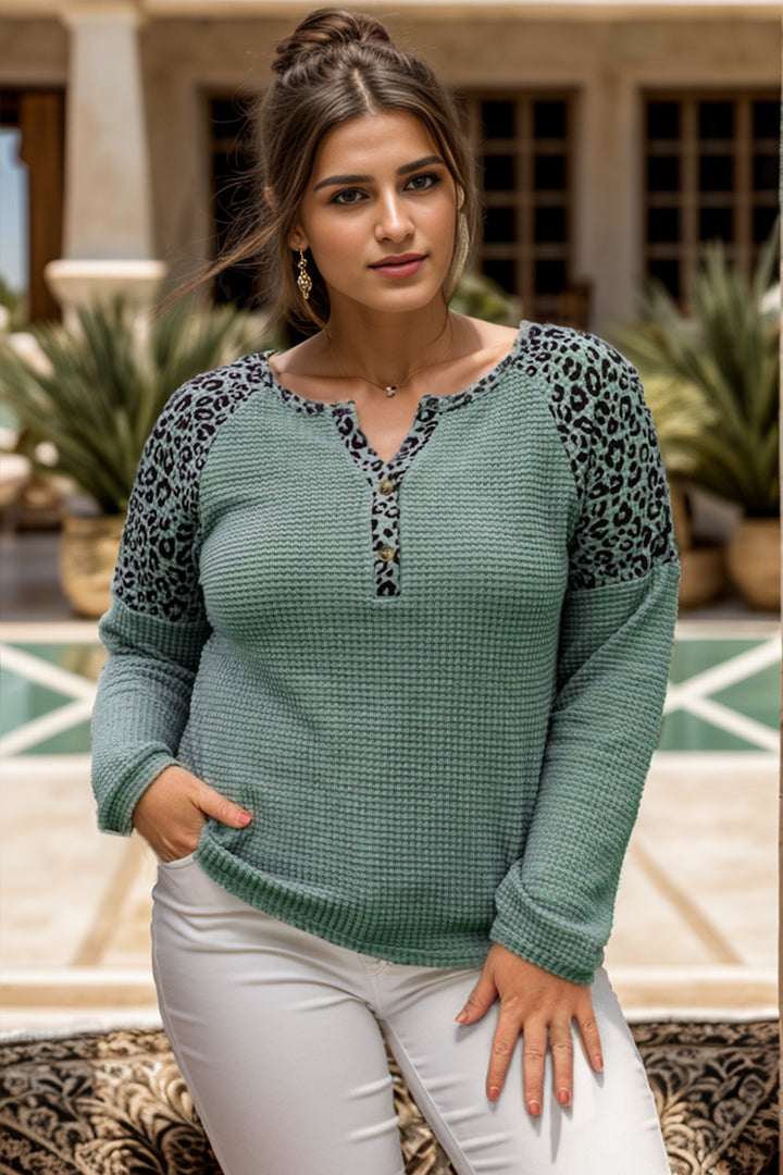 Plus Size Leopard Waffle-Knit Long Sleeve T-Shirt 