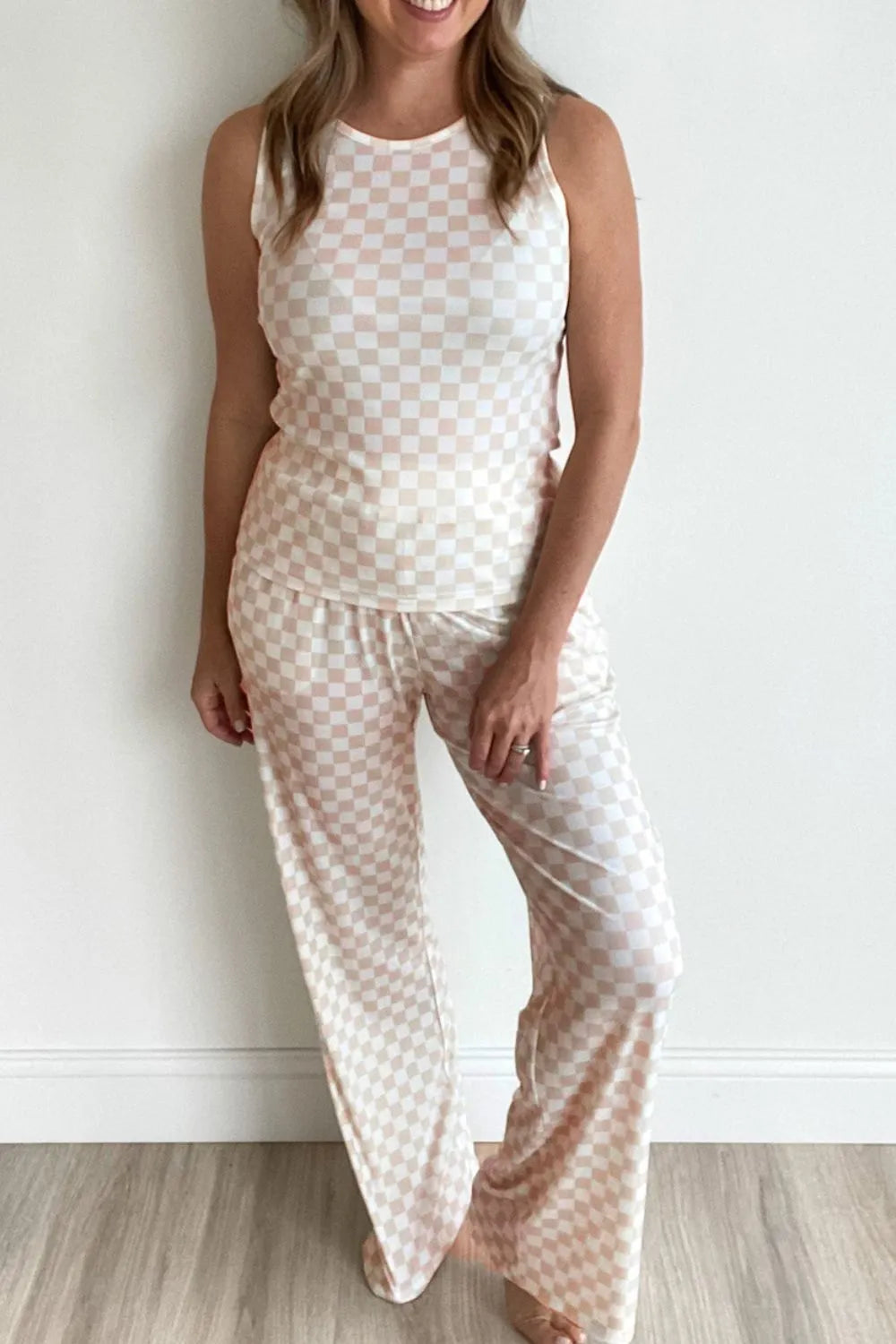 Ribbed Texture Checkered Print Tank and Pants Set Lingerie & Nightwear
