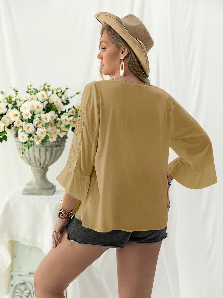 Plus Size Lace Detail V-Neck Flounce Sleeve Blouse 