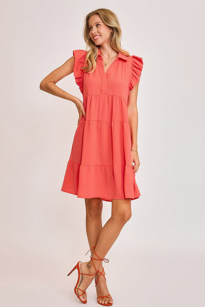 Umgee Full Size Johnny Collar Ruffle Cap Sleeve Tiered Dress Plus Size Dresses