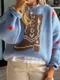 Boot Pattern Round Neck Dropped Shoulder Sweater 