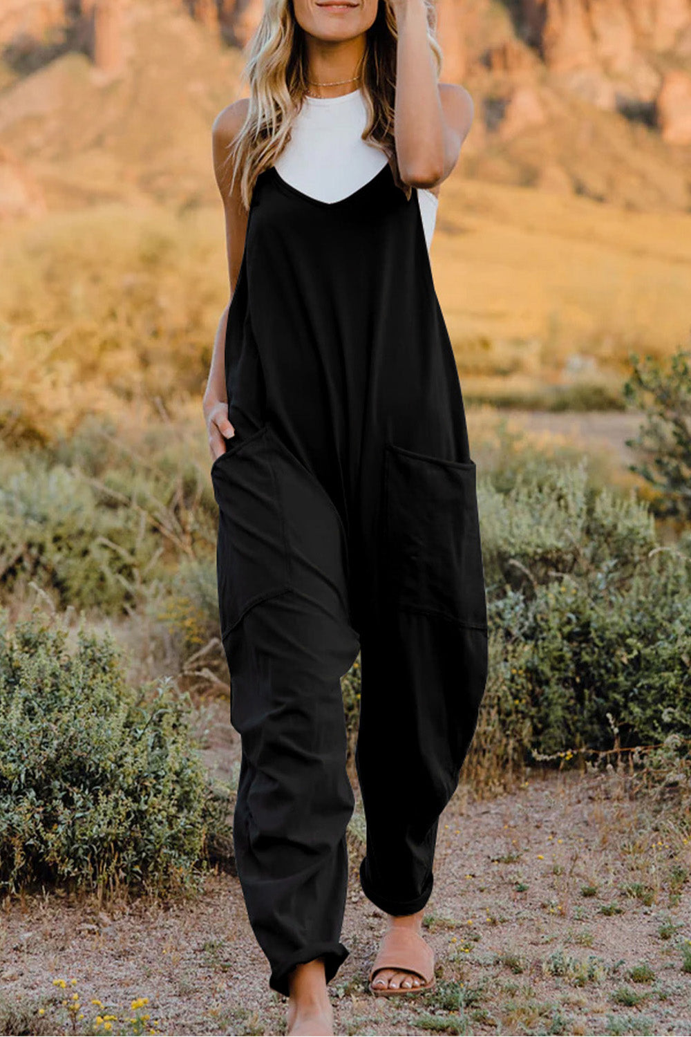 Double Take Full Size V-Neck Sleeveless Jumpsuit with Pockets 